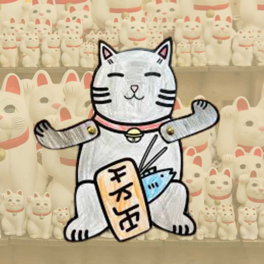 Lucky cat réalisé en papier, avec des Lucky cat en porcelaine en fonds